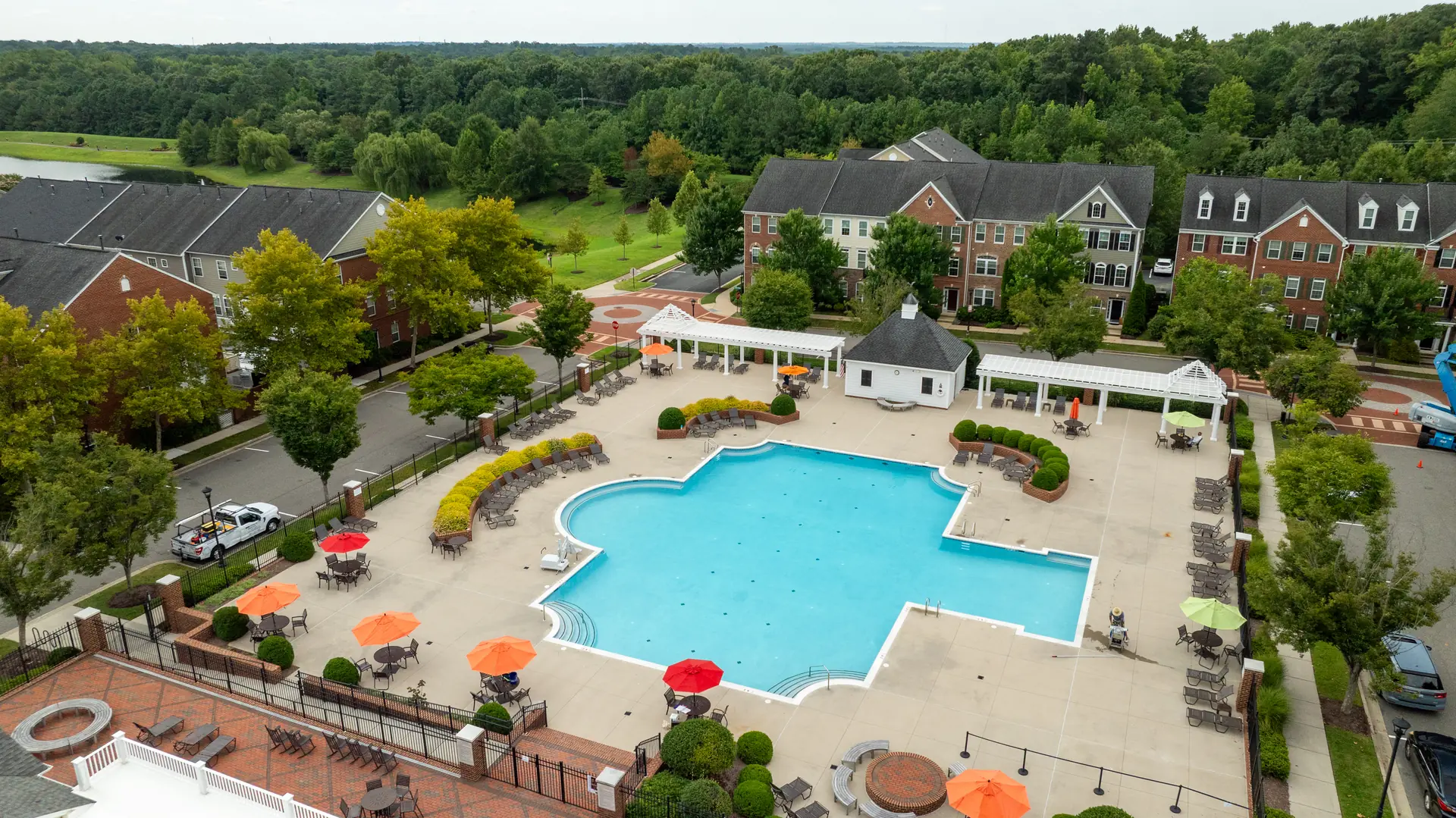 Aerial view of the West Broad Village resort-style pool and clubhouse