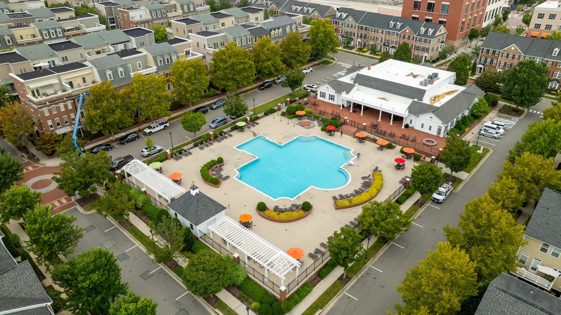 Aerial view of the community clubhouse and pool deck