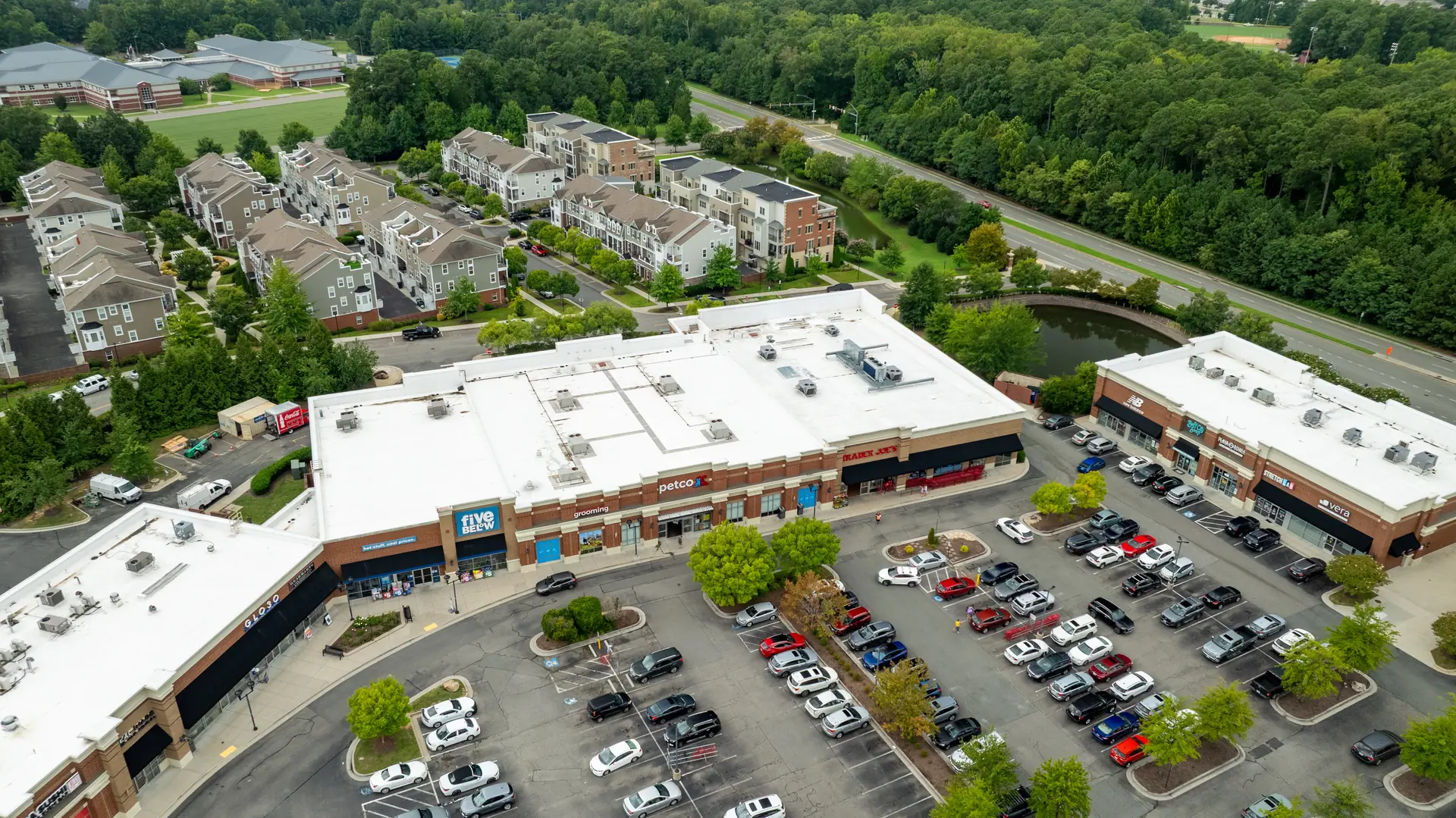 Aerial view of West Broad Village shops and restaurants