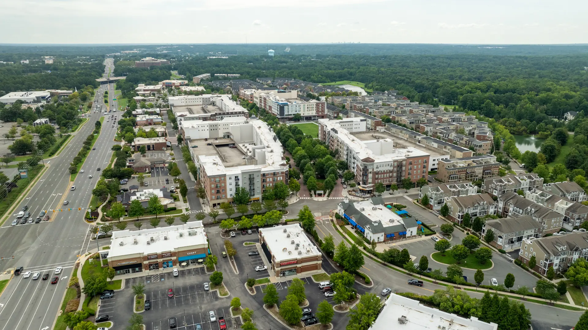 Aerial view of the West Broad Village Main Street corridor