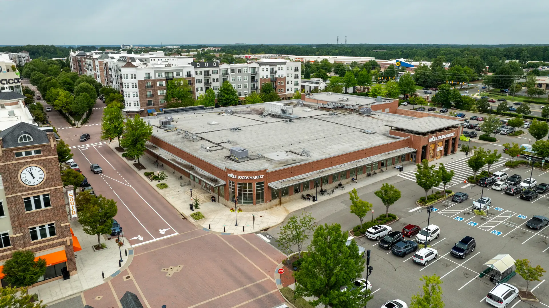 Aerial view of the walkable West Broad Village streetscape