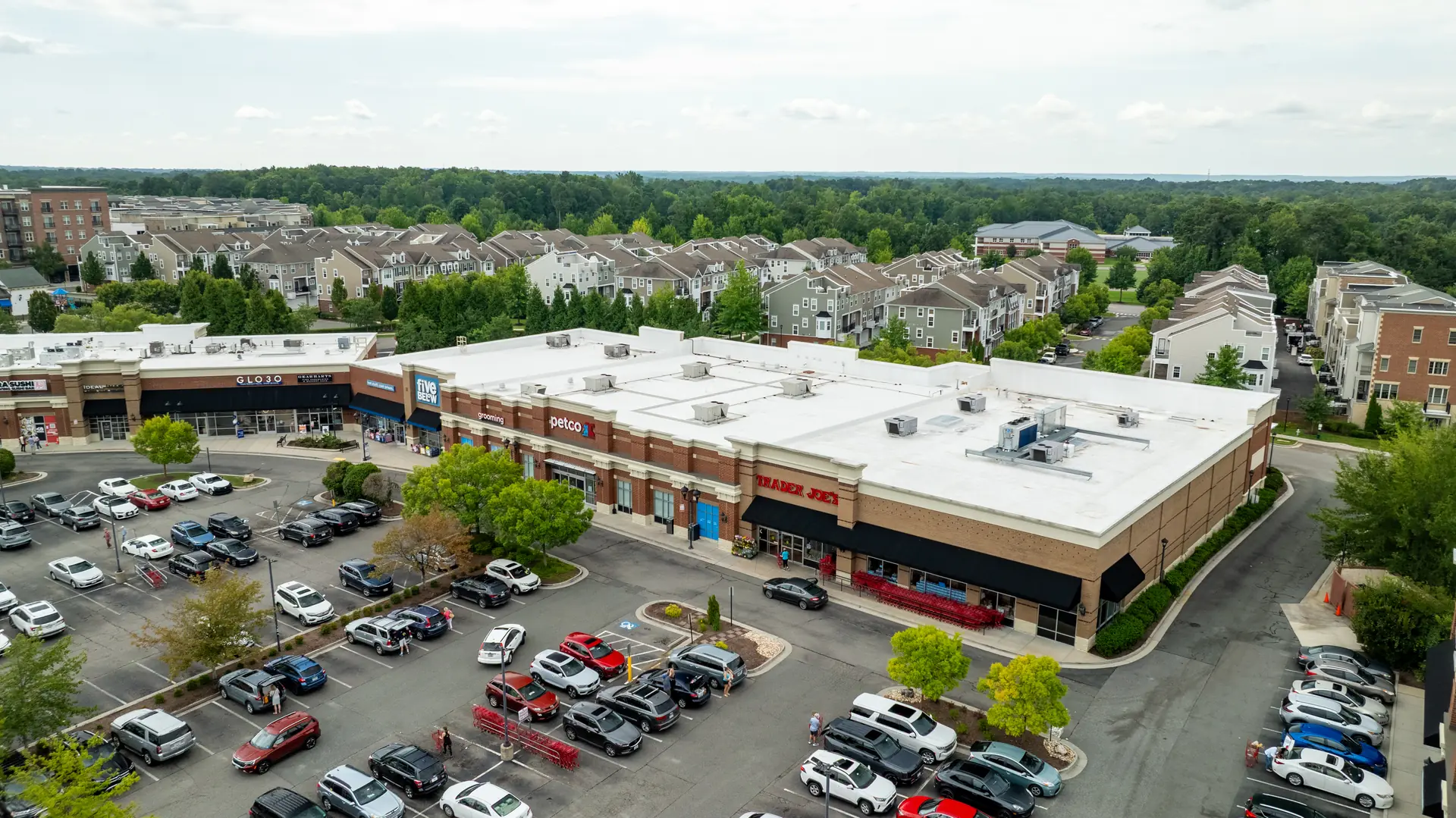 Aerial view of shopping and dining in West Broad Village
