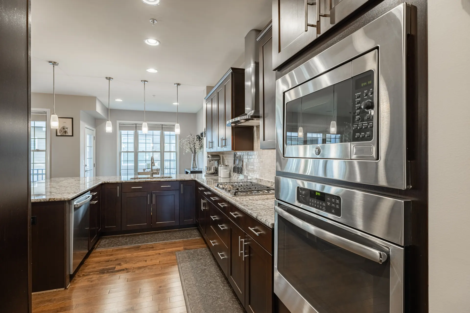 Combination wall oven with convection microwave, looking down the kitchen