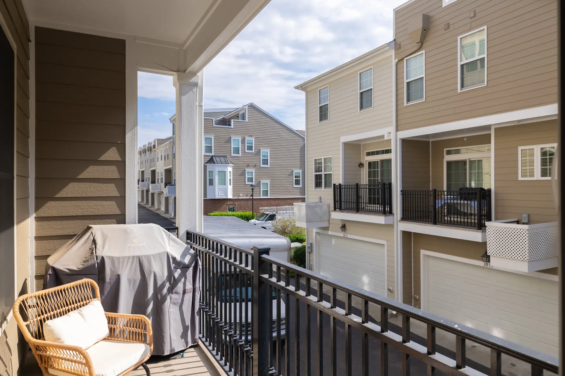 Covered balcony overlooking the neighborhood