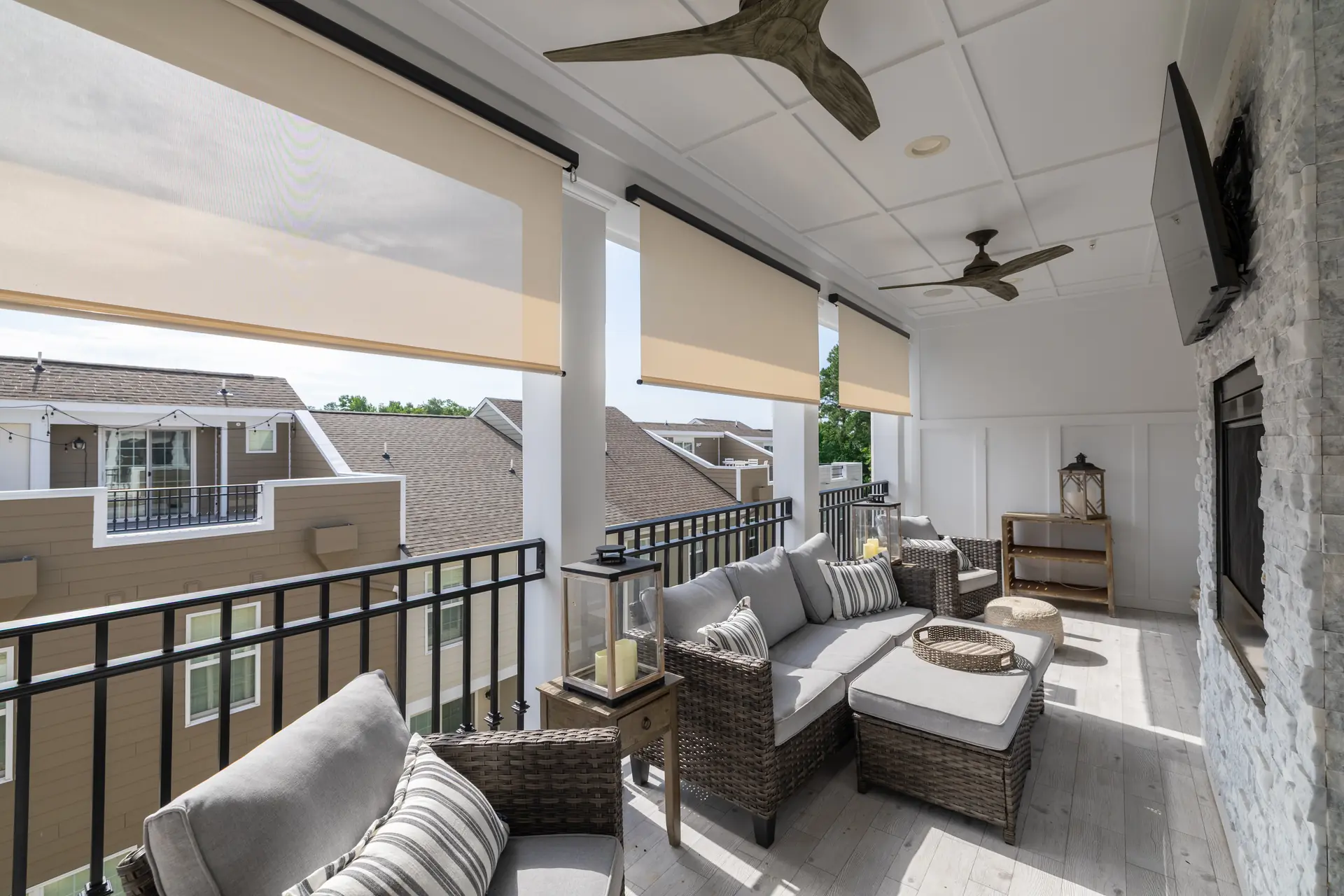Wide view of the covered rooftop porch and outdoor living room