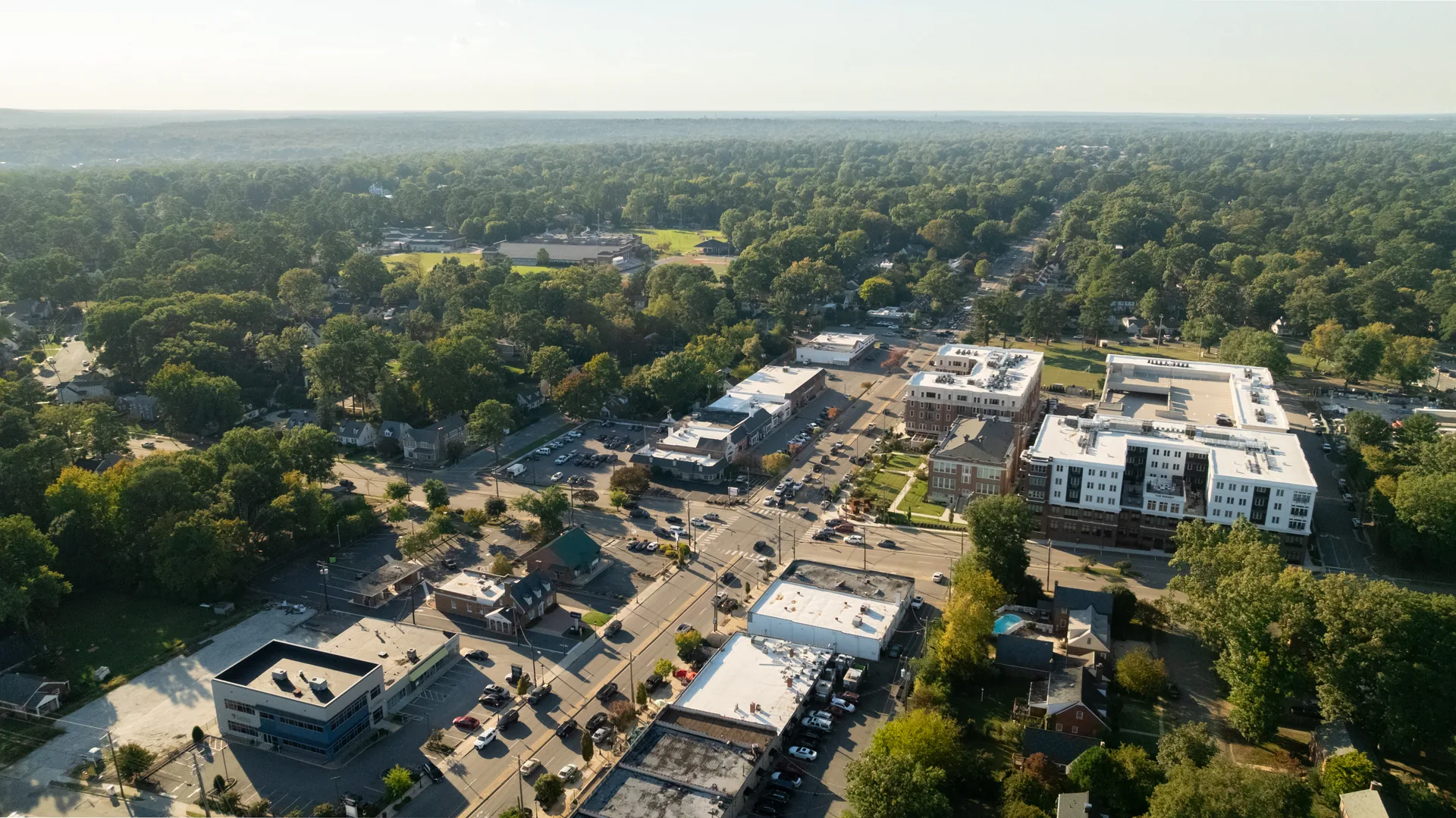 5312 Marian St &mdash; aerial over Libbie and Patterson, with the neighbourhood beyond