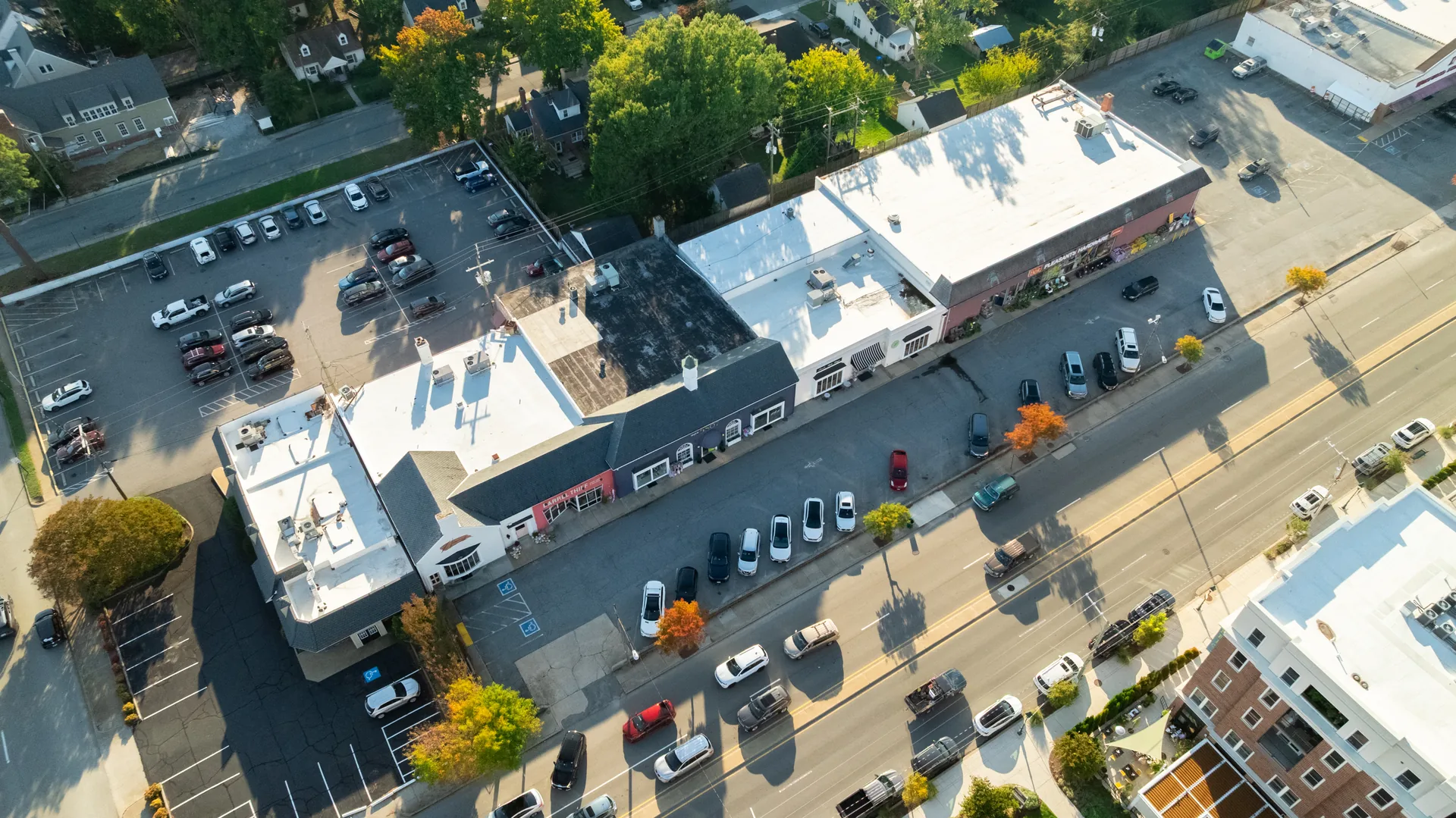 5312 Marian St &mdash; aerial of the shops and restaurants a short walk away