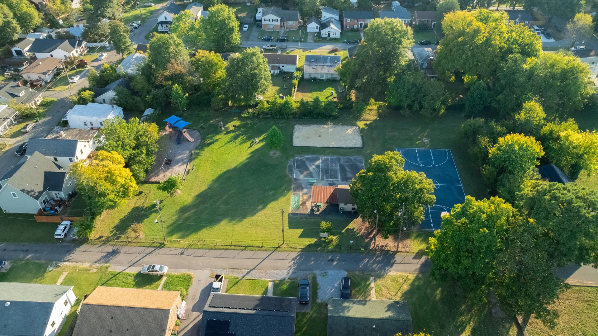 5312 Marian St &mdash; aerial of the nearby park with its tennis and basketball courts