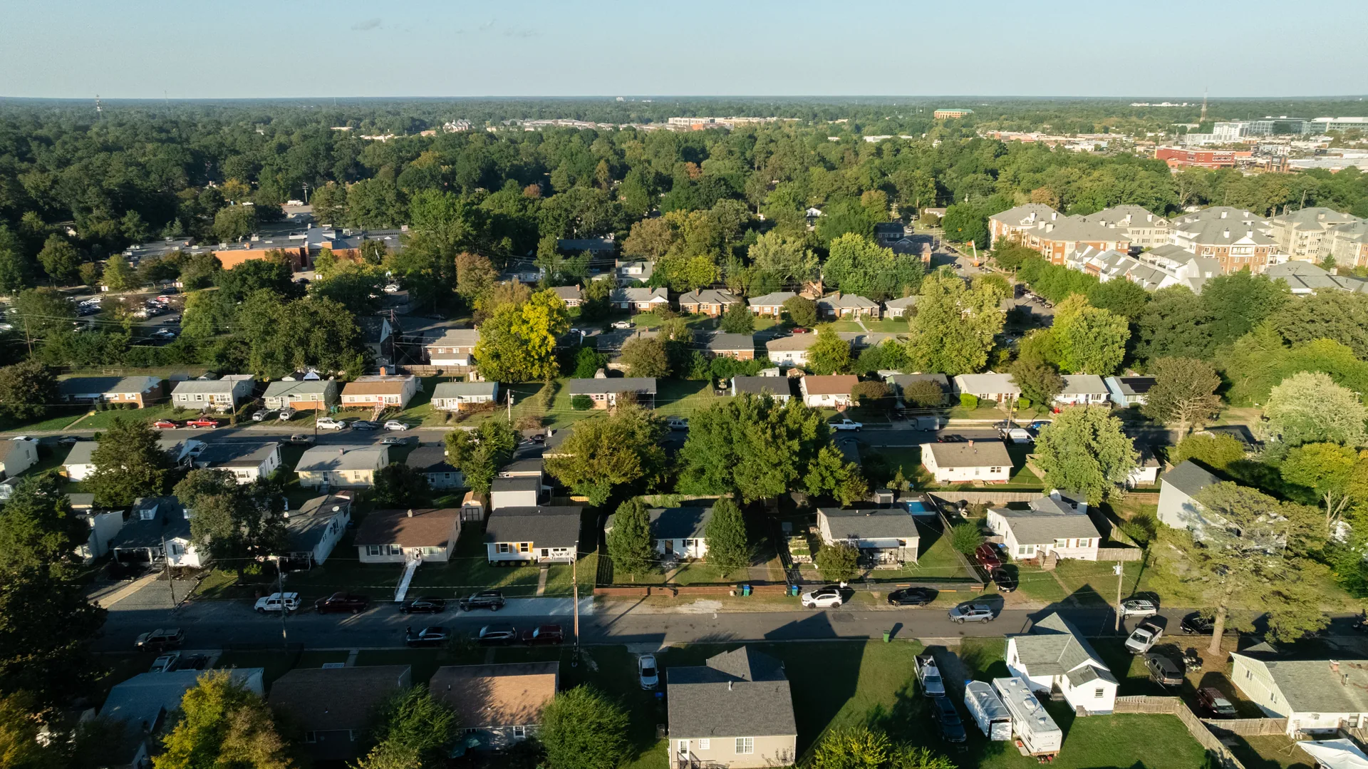 5312 Marian St &mdash; aerial over the rooftops of the neighbourhood
