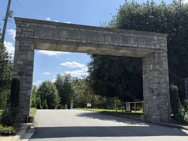 Stone entrance arch over the park road at Joseph Bryan Park near Lakeside, Henrico County